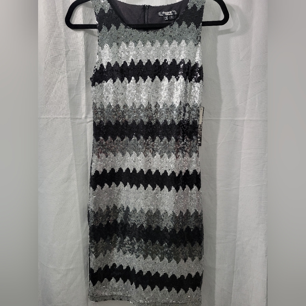 Sequin Hearts Black and Silver Zigzag Sequin Midi Dress Size S